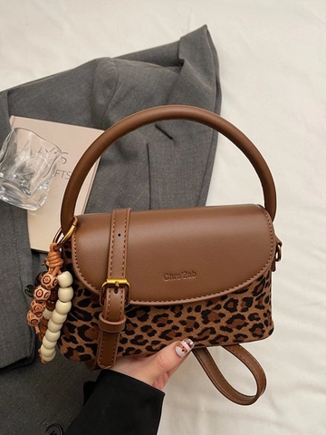 Retro PU Leather Patchwork Handbag For Women Vintage Commuter Small Square Shoulder Crossbody Bag With Bead Charm Detail