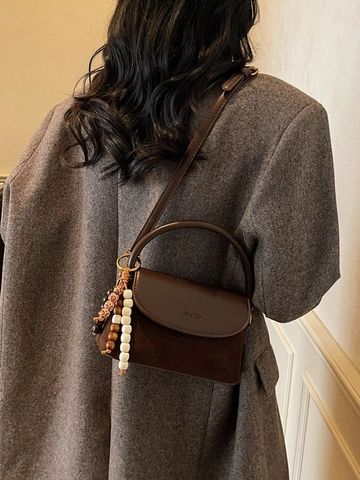 Retro PU Leather Patchwork Handbag For Women Vintage Commuter Small Square Shoulder Crossbody Bag With Bead Charm Detail