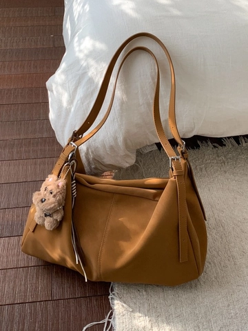 Large Capacity Retro Women Shoulder Bag Soft PU Leather Tote Bag With Cute Bear Charm Commuter Handbag Versatile Hobo Bag