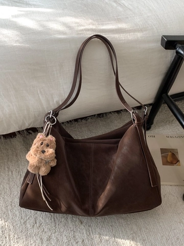 Large Capacity Retro Women Shoulder Bag Soft PU Leather Tote Bag With Cute Bear Charm Commuter Handbag Versatile Hobo Bag