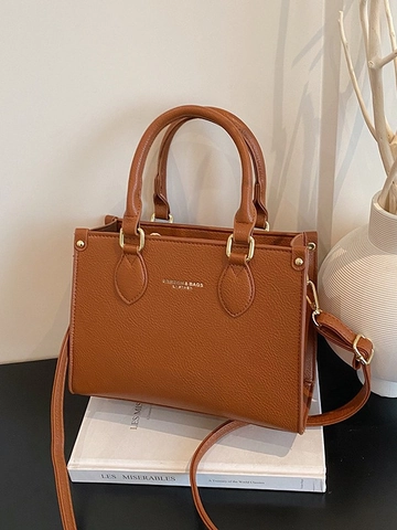 Borsa da Donna in Pelle PU Minimalista Grana di Litchi Tracolla da Pendolare Borsa Crossbody Con Manico Hardware Oro Messenger Bag