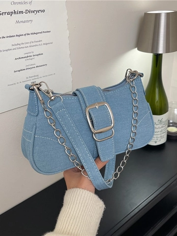 Borsa Sottobraccio in Denim Vintage da Donna Borsa a Tracolla in Jean Lavato Catena Argento Fibbia Grande Y2K Streetwear