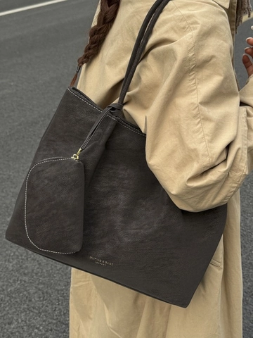 Women Vintage Frosted PU Leather Large Capacity Tote Bag Commuter Shoulder Bag Contrast Stitching Handbag With Small Pouch