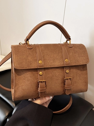 Borsa a Tracolla in Pelle PU Rétro per Donna Borsa a Mano con Trama Smerigliata con Doppia Fibbia e Cinghie Decorative
