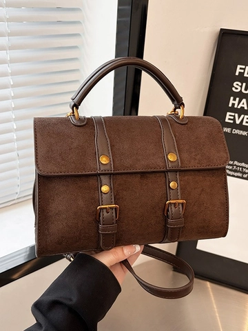 Borsa a Tracolla in Pelle PU Rétro per Donna Borsa a Mano con Trama Smerigliata con Doppia Fibbia e Cinghie Decorative