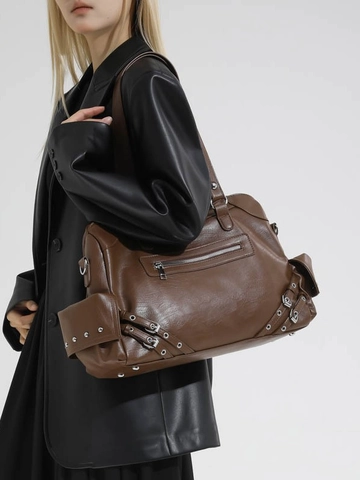 Bolso Tote de Cuero PU para Mujer Retro Gran Capacidad Punk Remache Bolso de Hombro Moda Estilo Motociclista Bolso de Mano Color Sólido