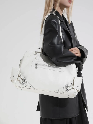 Bolso Tote de Cuero PU para Mujer Retro Gran Capacidad Punk Remache Bolso de Hombro Moda Estilo Motociclista Bolso de Mano Color Sólido