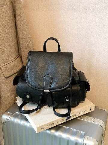 Sac à Dos Plissé en Cuir PU Rétro pour Femmes Rabat à Cordon Multi-Poches Sac à Dos Mode Urbain Décontracté Quotidien École
