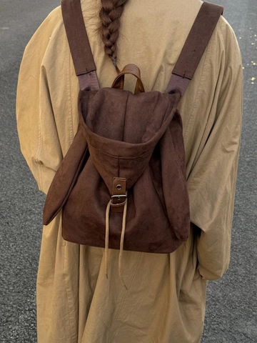 Zaino da Donna in Camoscio con Orecchie da Coniglio Stile Coreano Casual Leggero Doppia Tasca Scuola Viaggio
