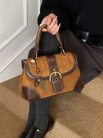 Vintage Patchwork PU Suede Shoulder Bag For Women Retro Contrast Color Crossbody Bag With Metal Leaf Star Charms Handbag