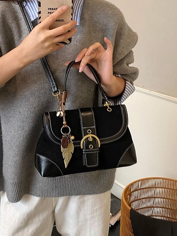 Vintage Patchwork PU Suede Shoulder Bag For Women Retro Contrast Color Crossbody Bag With Metal Leaf Star Charms Handbag