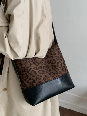Sac Seau Vintage en Cuir PU pour Femmes Grande Capacité Patchwork Sac à Bandoulière Avec Pochette Assortie Imprimé Léopard