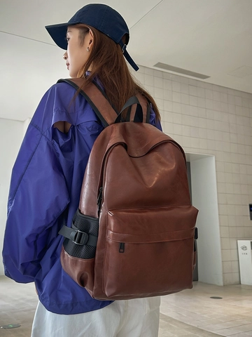 Vintage PU Leder Rucksack Damen Große Kapazität Wasserabweisend Schultasche Retro Student Casual Reisen Daypack Ziernaht