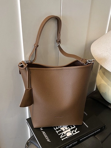 Retro Minimalistische PU Lederen Bucket Bag Met Kiezelnerf Grote Capaciteit Schoudertas Voor Dames Mode Forenzen Handtas