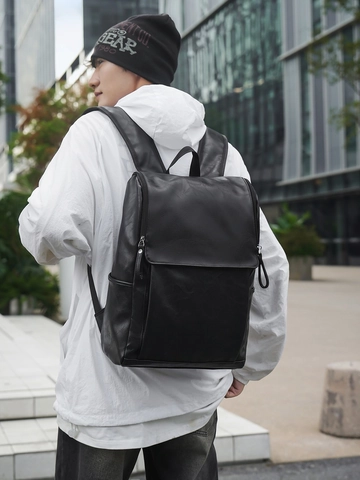 Mochila de Cuero PU de Gran Capacidad Unisex Vintage Color Sólido Mochila Escolar Estudiantes Deporte Viaje Mochila Laptop
