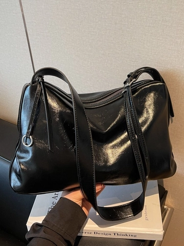 Borsa a Spalla in Pelle PU Lucida Vintage Grande Capacità Minimalista Hobo Tote Bag Con Tracolla Larga per Donna Pendolarismo