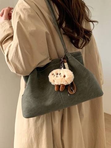 Women Large Capacity PU Leather Tote Bag Minimalist Retro Shoulder Bag With Plush Pendant Casual Commuter Fashion Handbag