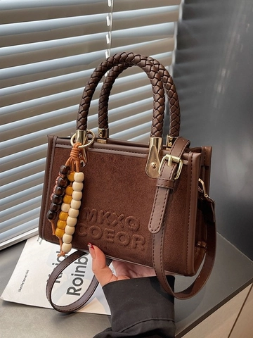 Korean Minimalist Faux Suede PU Leather Tote Bag With Braided Handle Wood Bead Charm For Women Retro Crossbody Shoulder Bag