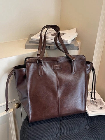 Retro Large Capacity Tote Bag For Women PU Leather Solid Color Shoulder Bag For Office Commuting Daily Travel Work Handbag
