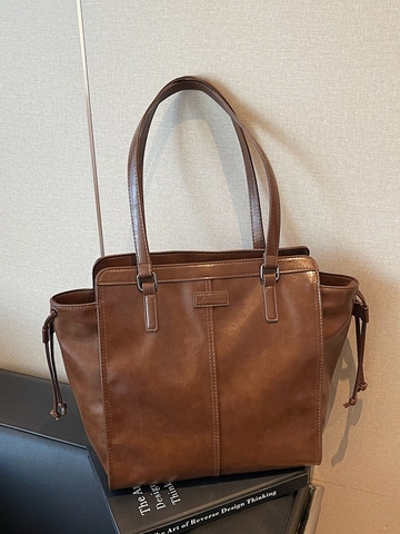 Retro Large Capacity Tote Bag For Women PU Leather Solid Color Shoulder Bag For Office Commuting Daily Travel Work Handbag