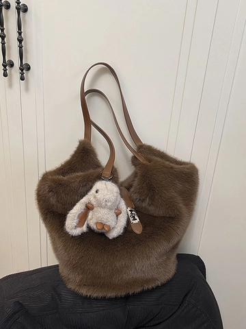 Damen Große Kapazität Plüsch Beuteltasche Weiche Kunstfell Tote Handtasche Mit Metallverschluss Elegante Schultertasche Für Winter