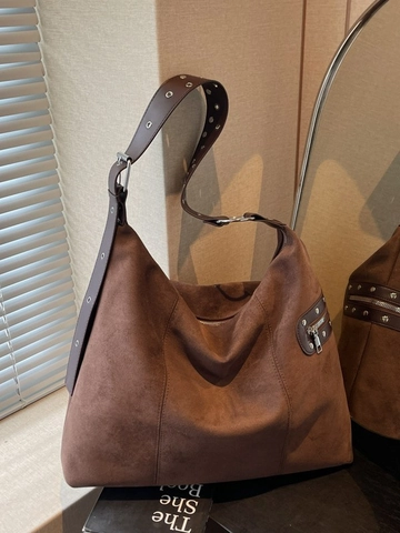 Borsa Hobo in Camoscio con Stampa Leopardata Vintage da Donna Borsa a Tracolla in Camoscio Grande Capacità con Borchie