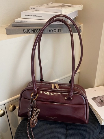 Retro Glossy PU Leather Shoulder Bag For Women Large Capacity Solid Color Boston Bag Zipper Closure For Daily Commute