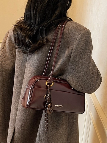 Retro Glossy PU Leather Shoulder Bag For Women Large Capacity Solid Color Boston Bag Zipper Closure For Daily Commute