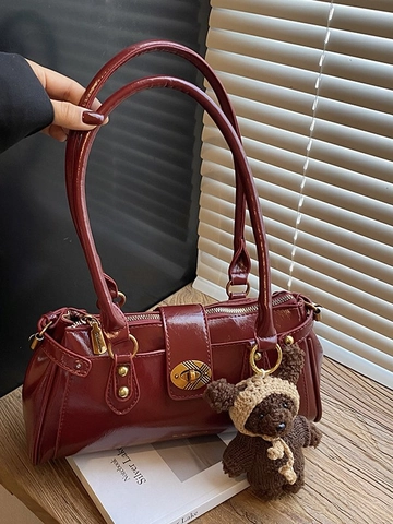 Sac à Bandoulière Baguette en Cuir PU pour Femmes Mode Sac sous le Bras Minimaliste Rétro avec Pendentif Ours pour le Travail