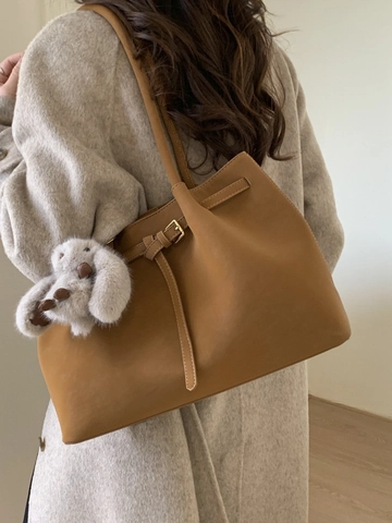 Borsa Tote in PU con Texture Scamosciata a Grande Capacità per Donna Borsa a Spalla Minimalista Tinta Unita Handbag con Pendente a Coniglio