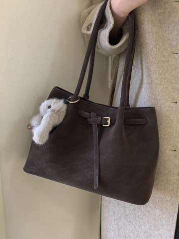 Borsa Tote in PU con Texture Scamosciata a Grande Capacità per Donna Borsa a Spalla Minimalista Tinta Unita Handbag con Pendente a Coniglio