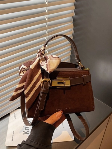 Vintage PU Δερμάτινη Patchwork Τσάντα Χειρός Crossbody για Γυναίκες Ρετρό Στυλ Kelly Μικρή Τετράγωνη Τσάντα με Μεταξωτό Μαντήλι