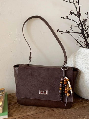Borsa a Spalla da Donna Vintage Grande Capacità in Pelle PU Tote Bag Con Decorazione in Grani di Legno Chiusura Metallo
