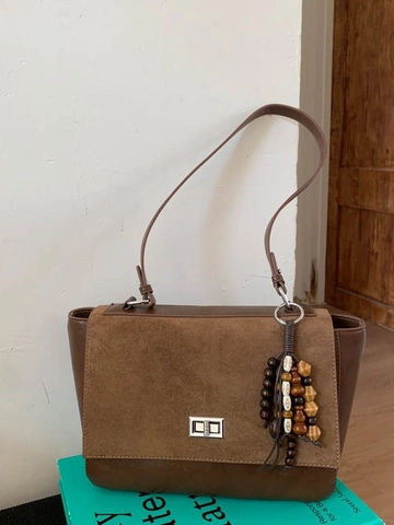 Borsa a Spalla da Donna Vintage Grande Capacità in Pelle PU Tote Bag Con Decorazione in Grani di Legno Chiusura Metallo