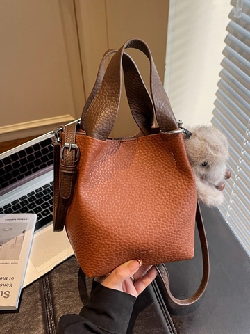 Women PU Leather Litchi Grain Bucket Bag Contrast Color Crossbody Bag With Plush Rabbit Pendant Fashion Shoulder Bag