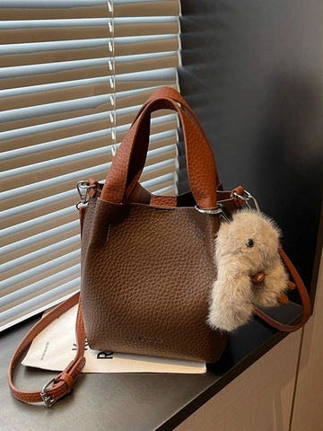Women PU Leather Litchi Grain Bucket Bag Contrast Color Crossbody Bag With Plush Rabbit Pendant Fashion Shoulder Bag