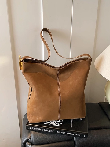 Borsa a Tracolla Vintage in Pelle PU Opaca Borsa a Secchiello Grande Capacità Con Cuciture a Contrasto e Serratura Dorata Donna
