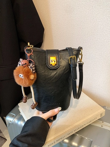 Vintage PU Leather Bucket Bag For Women Fashion Urban Commuter Crossbody Bag With Detachable Plush Monster Charm Small Shoulder Bag