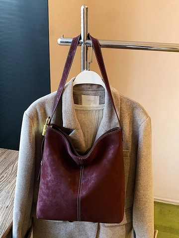 Borsa a Tracolla Vintage in Pelle PU Opaca Borsa a Secchiello Grande Capacità Con Cuciture a Contrasto e Serratura Dorata Donna