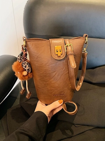 Vintage PU Leather Bucket Bag For Women Fashion Urban Commuter Crossbody Bag With Detachable Plush Monster Charm Small Shoulder Bag
