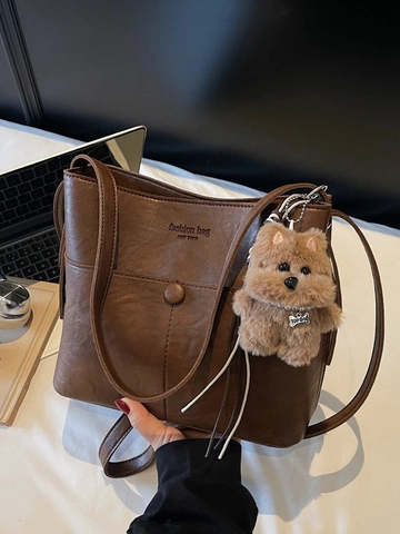 Große Kapazität Vintage PU Leder Beuteltasche Für Damen Pendeln Schultertasche Mit Abnehmbarem Plüsch Hund Anhänger Modetasche
