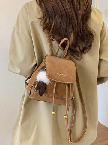 Vintage PU Leather Mini Backpack For Women Fashion Commuting Small Rucksack With Drawstring Flap Contrast Stitching