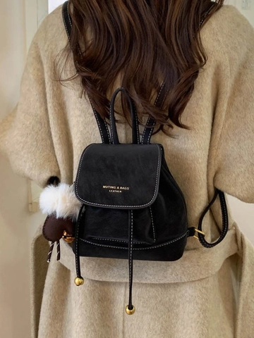 Vintage PU Leather Mini Backpack For Women Fashion Commuting Small Rucksack With Drawstring Flap Contrast Stitching