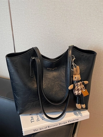 Borsa Tote in Pelle PU di Grande Capacità Vintage Borsa a Tracolla da Donna alla Moda con Ciondolo a Coniglio in Peluche per l'Ufficio Quotidiano Casual