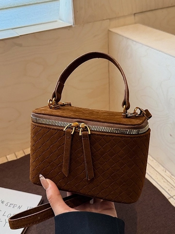 Vintage Woven Suede Vanity Box Bag For Women Fashion Small Square Shoulder Crossbody Handbag With Double Zipper Daily Purse