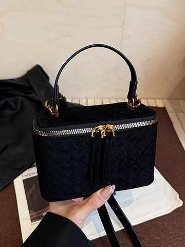Vintage Woven Suede Vanity Box Bag For Women Fashion Small Square Shoulder Crossbody Handbag With Double Zipper Daily Purse