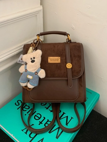 Sac à Dos en Cuir PU Patchwork Style Rétro Académie pour Femmes Avec Charme d'Ours en Peluche Couleur Contrastée Petit Sac d'École