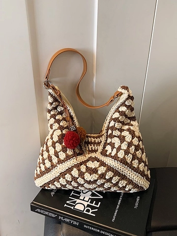 Borsa Tote in Paglia Intrecciata a Uncinetto per Donna Grande Capacità Borsa a Spalla per Vacanza al Mare con Ciondolo a Pompon