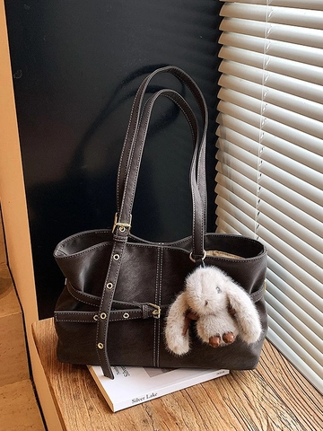 Borsa Tote in Pelle PU Retrò per Donna Con Ciondolo a Coniglio Impunture a Contrasto Grande Capacità Borsa a Tracolla