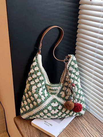 Borsa Tote in Paglia Intrecciata a Uncinetto per Donna Grande Capacità Borsa a Spalla per Vacanza al Mare con Ciondolo a Pompon